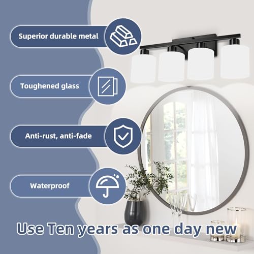 Image of SILAMPDI Black Bathroom Light Fixtures Over Mirror, 4-Light Vanity Lights for Bathroom, Modern Wall Sconces Lighting for Bedroom Living Room, Milky White Glass Shades, E26 Base, Bulbs Not Included