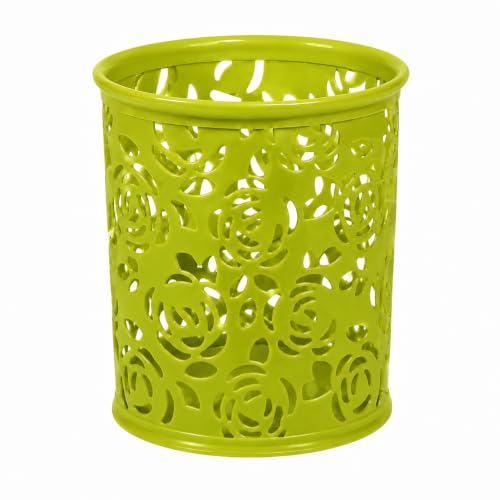 Image of Metal Mesh Pen Stand for Office & Home Desk | Black Stationery Holder Organizer for Pens, Pencils, Markers, Makeup Brushes | Durable Round Wire Mesh Pen Stand (Pack of 1) (Floral Green)