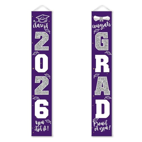 Image of Graduation Decorations 2026 Banner Porch Sign Purple Silver for Class of 2026 Graduates Party Supplies