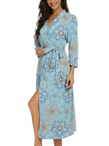 Image of VINTATRE Robes for Women Long Knit Bathrobe XS-4XL | 3 /4 Sleeve Bathrobes with Pockets, Stretchy and Lightweight Fabric, Inner Tie and Fixed Outer Matching Belt, Mid Calf Length