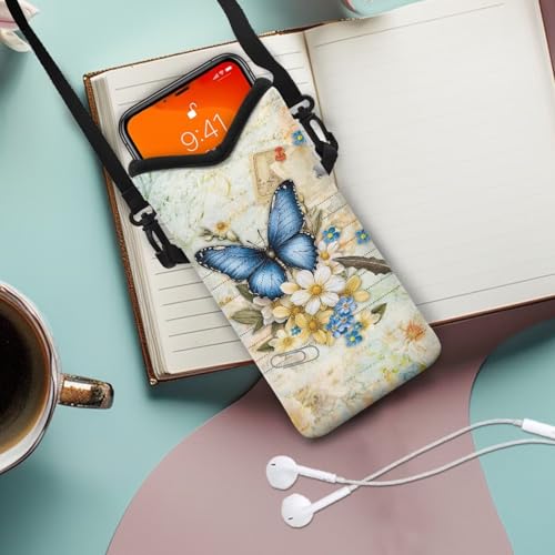 Image of Small Phone Bag Water-Resistant Crossbody Pouch with Adjustable Strap Mini Cell Phone Case Satchel Fits Most Phones for Men Women, 8 x 4 Inch, Blue Butterfly Flower Letter Print Retro Style