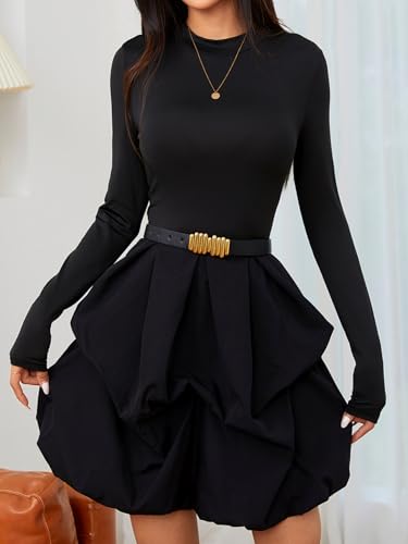 MakeMeChic Women's Long Sleeve Mini Dress Ruffle Hem Mock Neck A Line Fall Wedding Guest Short Dresses3