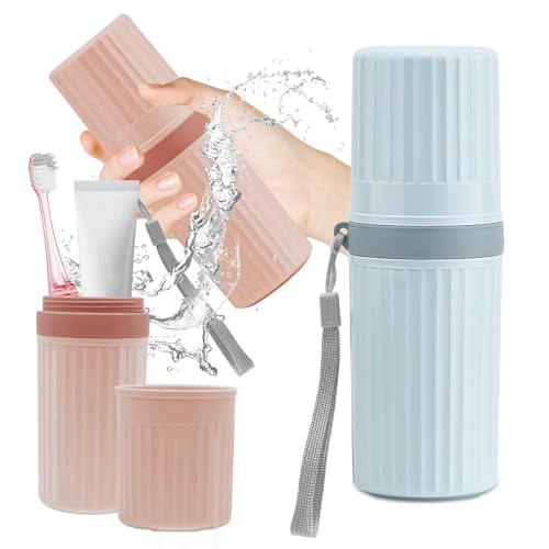 Rwbimti Set di 2 spazzolini da denti, custodia impermeabile da viaggio, set di bicchieri d'acqua da viaggio, in plastica portatile, per campeggio, viaggi d'affari, uso quotidiano, rosa + blu, Da