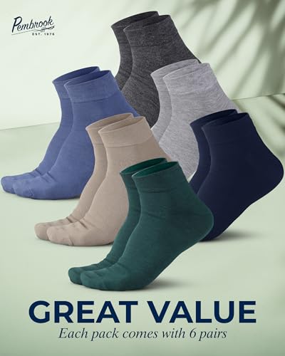 Image of Pembrook Bamboo Viscose Ankle Diabetic Socks for Women and Men - 6 Pairs, Moisture Wicking, Neuropathy and Edema, Black, White, Beige, Aqua, Blue, Navy