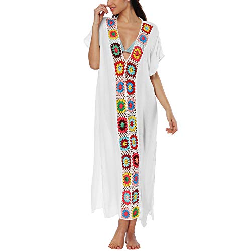 Lu's Chic Women's Crochet Swimsuit Cover Up Caftan V Neck Short Sleeve Beach Kaftan Coverups4