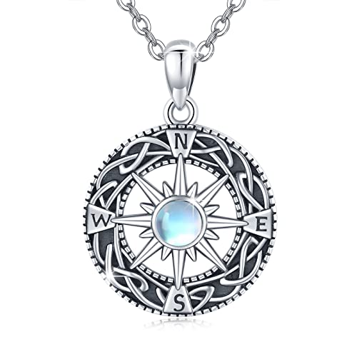 TUGHRA Graduation Necklace Sterling Silver Compass Necklaces for Women Men Celtic Moonstone Pendant Necklace Inspirational Jewelry Gifts for Women Girls Boys Friendship Talisman Gifts for Her Him