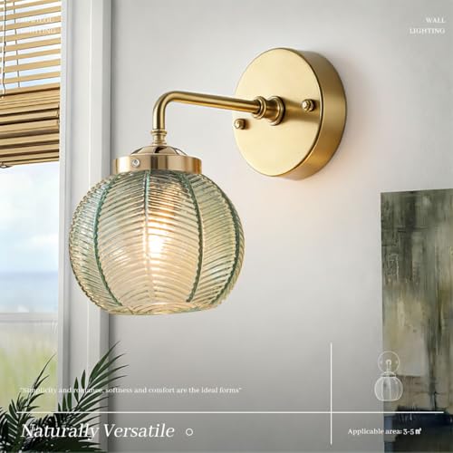 Image of Green Glass Wall Sconce Art Deco Globe Shade Gold Vanity Lights | Vintage Wall Light Over Mirror, Easy to install, Bathroom Vanity Lighting, 110V E26 Base, Mid Century Modern Wall Lamp