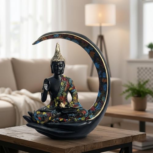 Image of eCraftIndia Multicolor Resin Blessing Buddha Statue Sitting On Half Moon Palm | Lord Buddha Idol for Home Decor Living Room Office | Showpiece Gift for Diwali Buddha Purnima Birthday