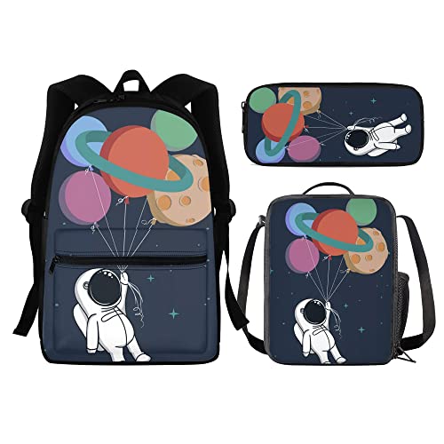 Set di 3 pezzi zaino per la scuola con fuoco acqua baseball softball pranzo tote+zaino Daypack + astuccio portamatite Aereo Astronauta Taglia unica Zaini