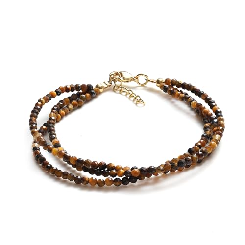 Gempires Tiger Eye Beaded Bracelets Multi Strand Gemstone Jewelry Hypoallergenic 8 Inch Gold Plated Lightweight Trendy Western Jewerly For Women