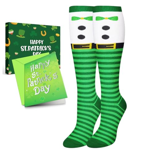 HAPPYPOP St.Patrick's Day Gifts - Shamrock Socks, Knee High Irish Green Socks with Greeting Card, St Patricks Day Gifts for Women Men