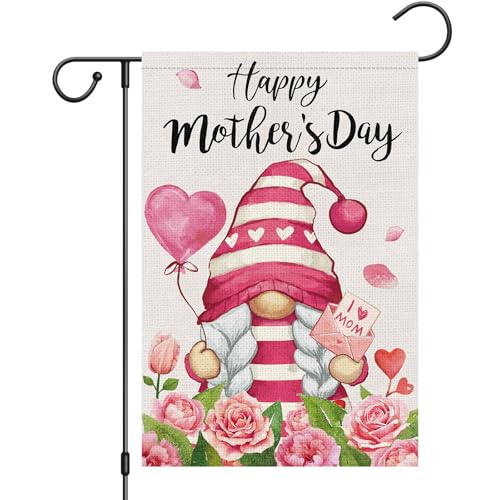 Heyfibro Happy Mother's Day Gnome Garden Flag 12x18 Double Sided Burlap, I Love Mom Flower Rose Love Heart Yard Banner for Spring Outside Outdoor House Mothers Day Decoration (ONLY FLAG)