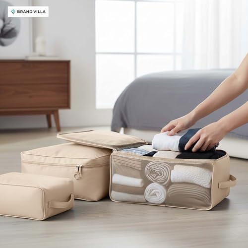 Image of BRAND VILLA 7 Pcs Travel Organizer Set Packing Cubes Luggage Organizer Bags with Shoe Bag, Laundry Pouch & Toiletry Bag for Clothes, Shoes, Accessories, Lightweight Travel Storage for Suitcase (Beige)