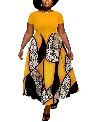 Image of Hostoyo Women Plus Size Formal A Line Maxi Dress Self Tie Waist with Pockets Elegant Round Neck Swing Long Dresses