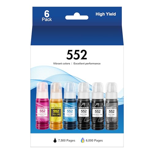 552 Pigment Ink Refill Ink Bottle for Epson 552 Ink Used for EcoTank Photo ET-8500, ET-8550 Printer (1 Photo Black, 1 Black, 1 Cyan, 1 Magenta, 1 Yellow, 1 Grey, 6-Pack)