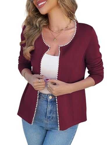 CiCiBird Women Lightweight Open Front Sweater Cardigan Pearls Trim Knit Jacket Trendy Long Sleeve Clothes Coatigan Burgundy S