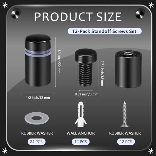 Image of Pelopy 12 Pcs Sign Standoff Screws Advertising Screws Stainless Steel Wall Standoff Mounts Glass Acrylic Nail (1 /2 x 3 /4 Inch,Black)