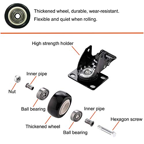 Moogiitools 2 inch Caster Wheels Set of 4（Pcs）, Lockable Bearing Plate Caster Wheels with Brakes, 360-degree Swivel Casters - Thumbnail 7