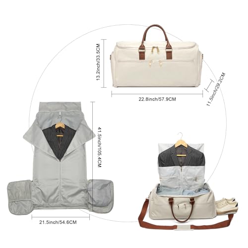 Image of seyfocnia Carry On Garment Bag for Women, Convertible Travel Garment Bag, 2 in 1 Hanging Suitcase Suit Business Travel Bag Overnight Bag, White Brown