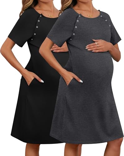 Image of Huukeay 2 Pack Labor Delivery Nursing Hospital Gown Women's 35% Cotton Maternity Birthing Dress 3 In1 Breastfeeding Pajamas