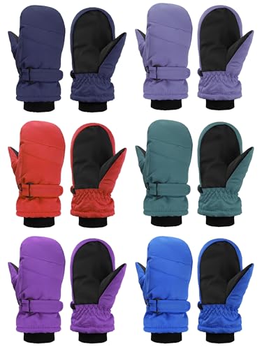 Newcotte 6 Pairs Winter Ski Mittens Kids Waterproof Warm Snow Gloves for Boys Girls Cold Weather Outdoor Activities(Navy Light Purple Bright Red Green Purple Blue 5-8 Years Mittens)
