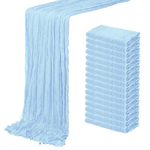 16 Pack Baby Blue Cheesecloth Table Runner 20 x 120 inch Gauze Table Runners 10 FT Long,Semi Sheer Cheese Cloth Fabric Table Runner Bulk for Wedding,Party,Baby Shower,Bridal Shower Decoration by ACSUIT - Used condition - US$28.82
