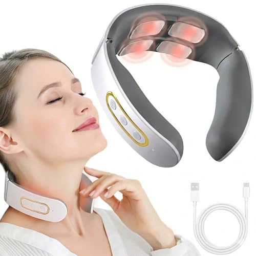Masseur Cervical Électrique à 4 Têtes, Appareil de Massage Cou avec Fonction Chauffante 42°C, 6 Modes & 9 Niveaux d'Intensité, Design Ergonomique en U, Portable pour Détente de Nuque (Blanc)