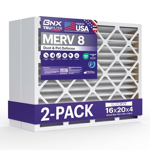 BNX TruFilter 16x20x4 (15.5’’ x 19.5’’ x 3.63‘’ Slim Fit) MERV 8 Air Filter (2-Pack) - MADE IN USA - Dust & Pet Defense Air Conditioner HVAC AC Filters for Dust, Pet, Mold, MPR 600 – 700 & FPR 5