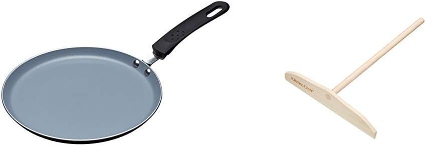 KitchenCraft Ceramic Non Stick Induction-Safe Crêpe and Pancake Pan, 24 cm & Wooden Pancake/Crêpe Spreader