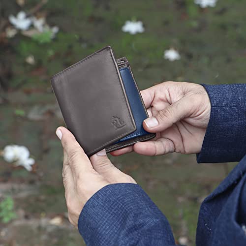Image of KARA Genuine Leather Wallet for Men - Bi Fold Vertical Dual Color Brown & Blue Men's Wallet with Six Business Card Holding Slots