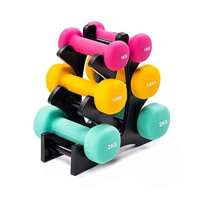 PRISP Dumbbells Set with Rack - 3 Pairs of Neoprene Free Weights with Stand