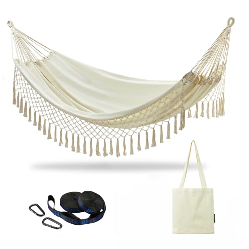 Image of Brazilian Double Hammock with Tassels, King Size, 500 lb Capacity | Soft Woven Cotton Fabric Handcrafted Macrame Tassels 102 x 71 in, 2-Person Hammock for Outdoor Natural White with Tassels