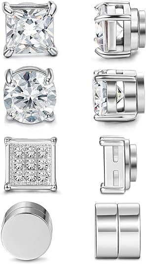 El Regalo 4 Pairs Stainless Steel Magnetic Unisex Stud Earrings for Men Women- CZ Non-Piercing Clip On Stud Earrings Set (Silver) (B0D2DN8VJ5) Amazon Price History, Amazon Price Tracker