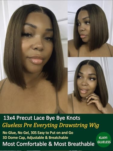 Image of KLAIYI Ombre Brown Yaki Straight Bob Wig Human Hair Glueless 13x4 Precut HD Lace Front Wigs Drawstring Bye Bye Knots Pre Plucked Bleached Pre Everything Wear and Go Wig with Dark Roots Chestnut 14Inch