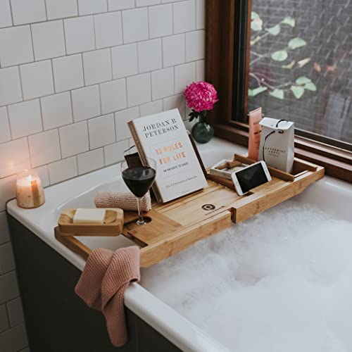 Bamboo Bathtub Caddy Tray for Tub- Expandable Bath Tray - Adjustable Organizer Tray for Bathroom for Luxury Spa - Book Holder, Tablet Smartphone and Wine Holder (Natural) by Pristine Bamboo - Thumbnail 5