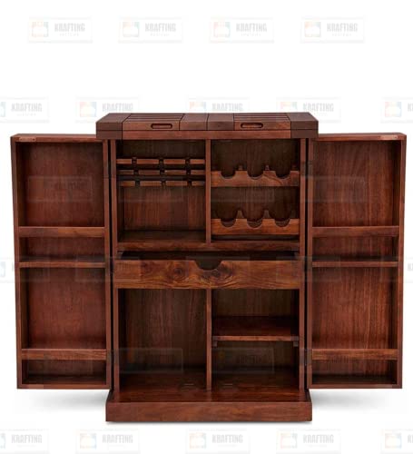 Image of Credenza Elegant Wooden Bar Cabinet | Home Bar Furniture with Storage | Wine Rack with Drawer | Ideal for Living Room in Honey Finish