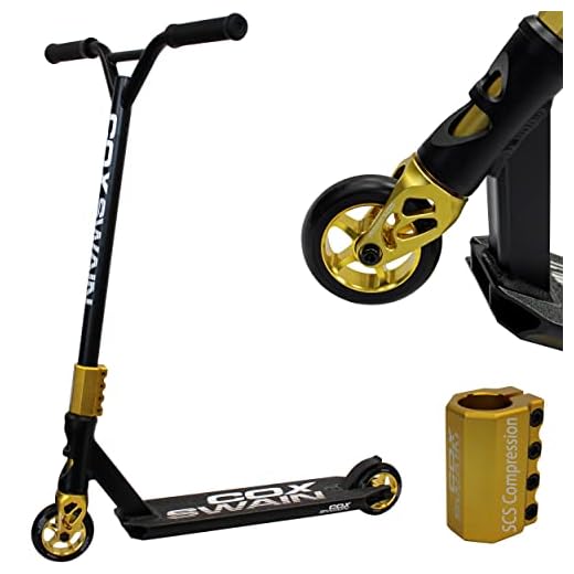Cox Swain Stunt Scooter X-385, SCS-Kompression, CNC Fork, 100mm PU/Alu Rollen, ABEC 9, Kinder + Erwachsene, Anfänger + Profis, super stabil - schwarz/Gold