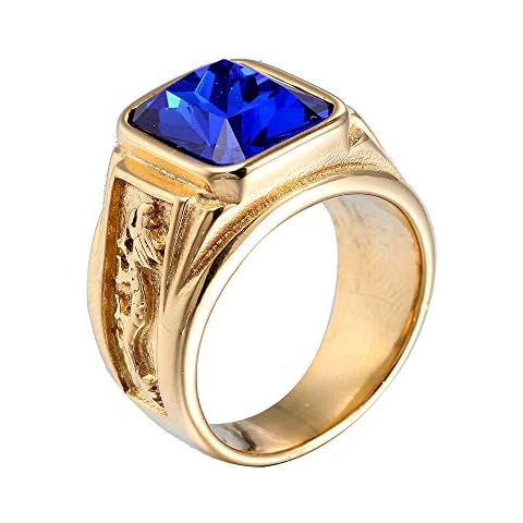 PAMTIER Men's Stainless Steel Dragon Pattern Simple Square Gemstone Rings Band Gold Dark Blue Size Y Cover