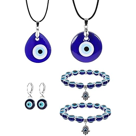 Vordpe Evil Eye Necklace Bracelet Earrings Set - Lucky Protection Jewelry Set Charms - 2pcs Evil Eye Pendant Necklaces, 1 Pair Earrings, 2pcs Blue Beaded Bracelets Cover