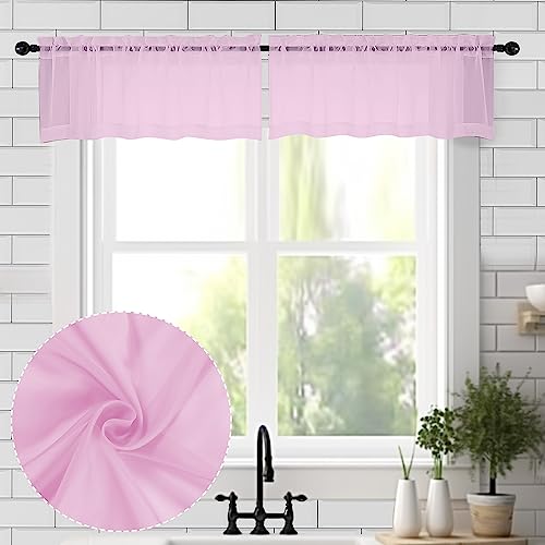 Image of Chyhomenyc Pink Sheer Valances for Window 2 Pack, 42Wx14L Inches Small Sheer Cafe Curtains for Living Room Bathroom Study Cafe Laundry Basement, Cute Rod Pocket Voile Valance