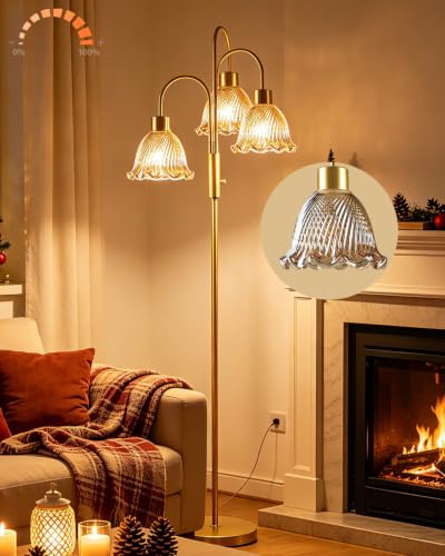 Glass Floor Lamp 3-Light 70" Amber Flower Gold Dimmable Tall Standing Lamps