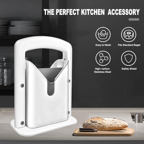 Bagel Cutter, Bagel Slicer Guillotine with White Plastic and Stainless Steel Universal Slicer Convenient and Durable - Commercial Bagel Cutter - Built-in Safety Guard, Non Stick & Serrated Blade by ABVSO - Image 4