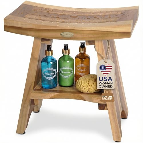 EcoDecors Teak Shower Bench 18", 300 lb Capacity – Waterproof Wood Bath Seat with Shelf, Spa Seating for Adults – Compact Fit for Small Bathrooms & Walk-in Showers – Slip-Resistant Feet