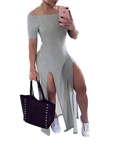 Ophestin Women Sexy Solid Cotton Off The Shoulder Short Sleeve Split Front Bodycon Pencil T Shirt Long Maxi Dress Grey M