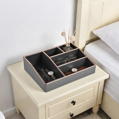 Image of PU Leather Makeup Organizer Tray,Large Vanity Organizer,Cosmetic Storage Box for Lipstick Brushes Skincare Perfume,Cosmetic Display Case Rose Gold-trimmed for Dresser,Bathroom Countertop(Grey)