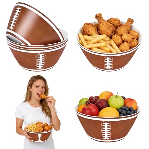 Cinpode 4 Pcs Large Football Bowls, Reusable Plastic Snack Salad Dessert Bowls, Brown Football Design Chip Bowls for Game Day Party, Tailgating Sports Events by Cinpode - Used condition - US$25.65