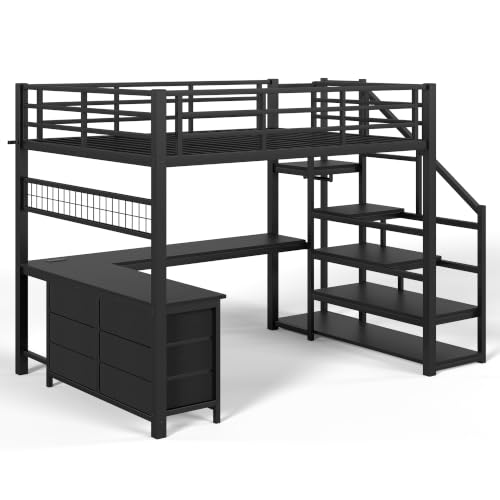 Image of Bellemave Full loft Bed with Storage Stairs, Wardrobe, Shelves, Metal Full Loft Bed Frame for Adults, Kids, Teens, Black