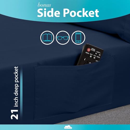 Image of DREAMCARE Twin XL Sheet Sets - 3 pcs Breathable Cooling Sheets - up to 15 inch Deep Pocket Twin XL Sheets Set with Side Pockets - Extra Soft 100% Brushed Hypoallergenic Hotel Luxury Bedding - Navy Blue