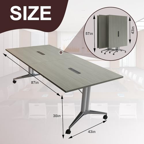 Modern Foldable Retractable Large Conference Table for 8-10 People, Wooden Meeting Table, Designed with Built-in Cable Holes and Foot Brake Pulley for Office Conference Room