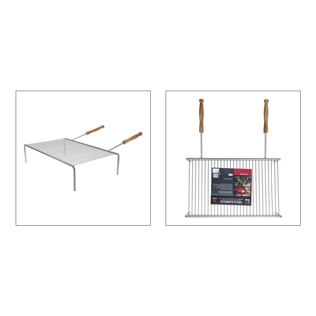 RUECAB - Grille de Barbecue Simple, Grille Barbecue rectangulaire, Grille BBQ 68x40 - Grille Simple - sur Pieds - Manche en Acier - Poignée en Bois d'acacia - Dimensions: 68 x 40 x 15 cm